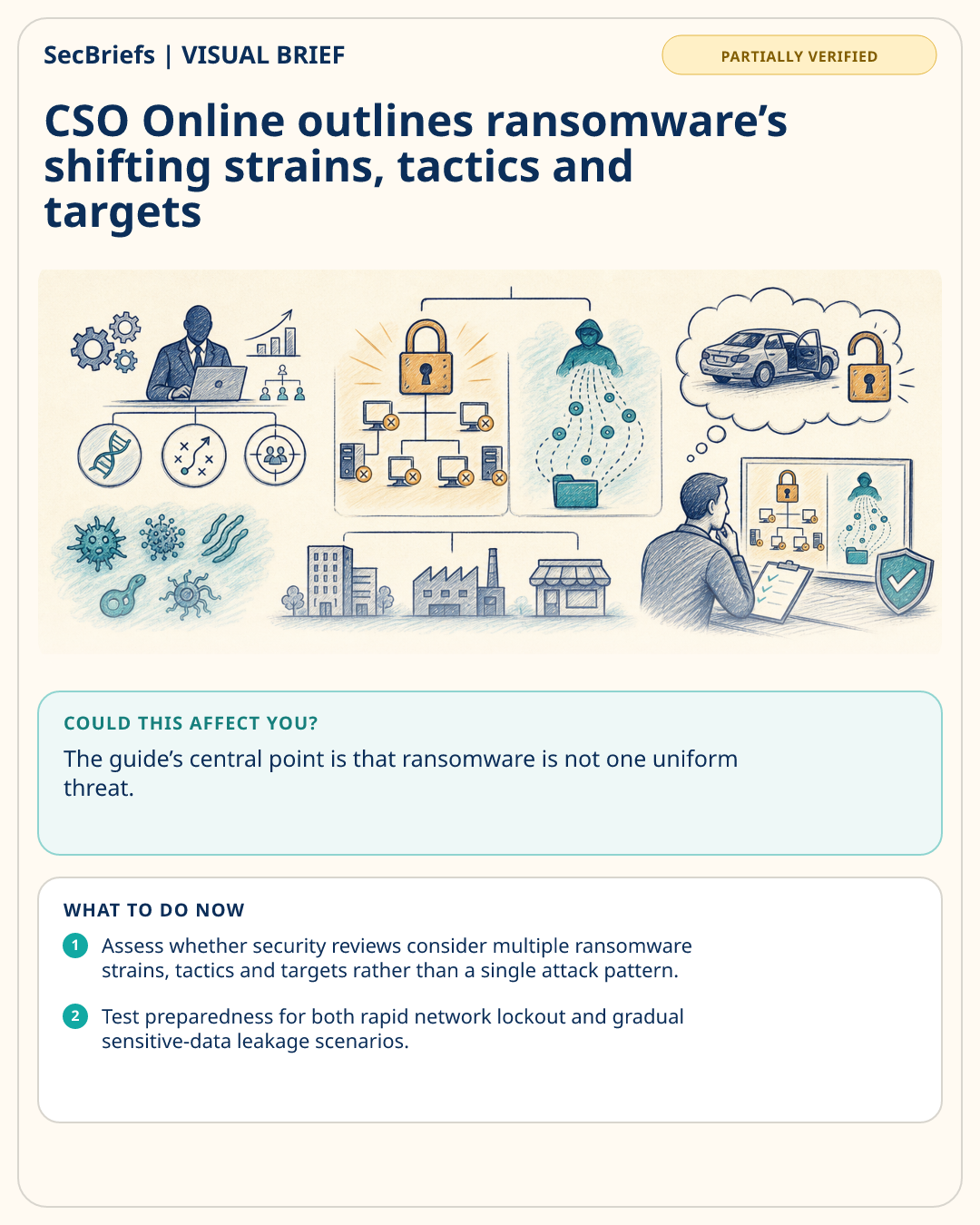 SecBriefs visual brief for CSO Online outlines ransomware’s shifting strains, tactics and targets