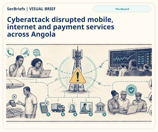 SecBriefs homepage illustration for “Cyberattack disrupted mobile, internet and payment services across Angola”; source The Record.