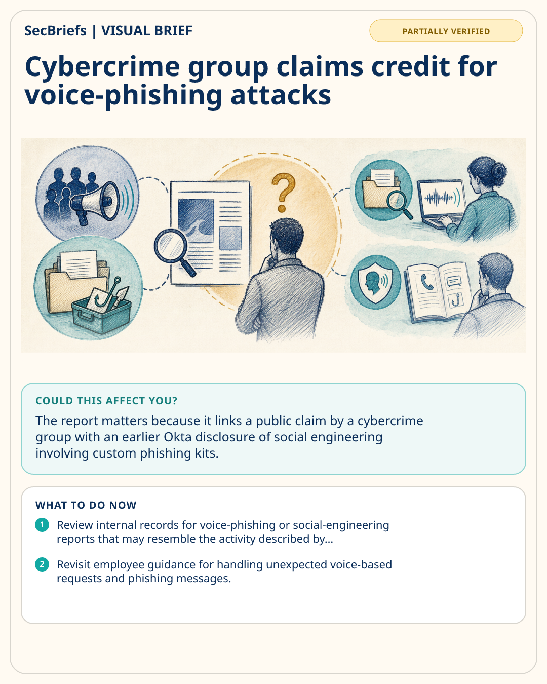 SecBriefs visual brief for Cybercrime group claims credit for voice-phishing attacks