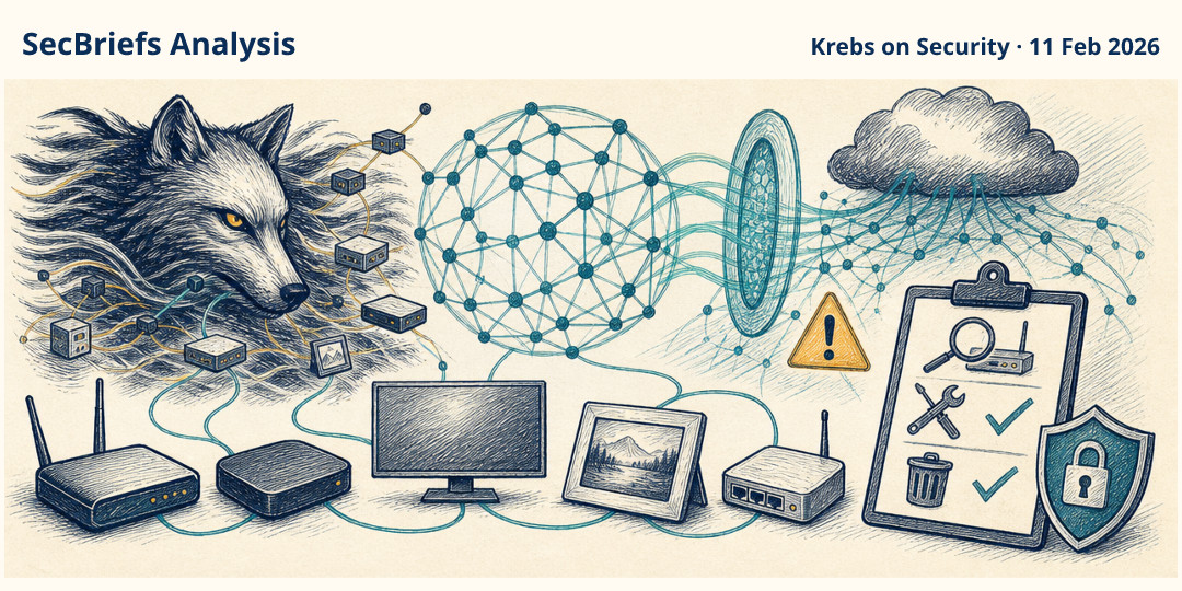 SecBriefs Analysis illustration for “Kimwolf Botnet Reportedly Disrupts I2P Anonymity Network”; source Krebs on Security, 11 Feb 2026.