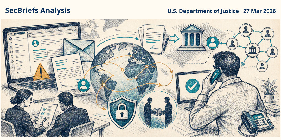 SecBriefs Analysis illustration for “International email-fraud case shows how trusted invoices redirect millions”; source U.S. Department of Justice, 27 Mar 2026.