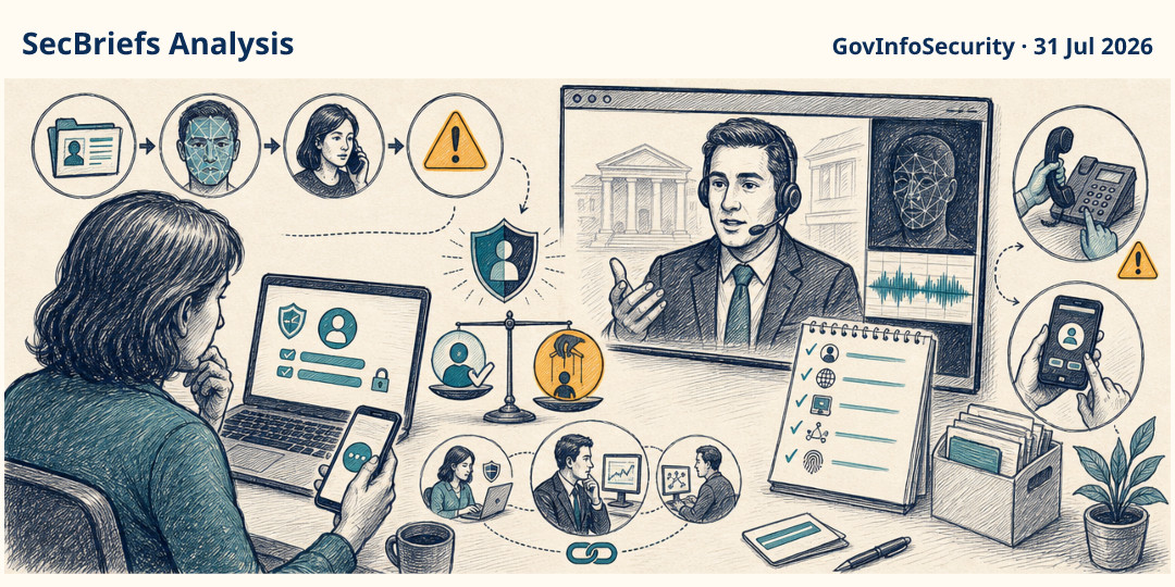 SecBriefs Analysis illustration for “Deepfake bank impersonation can defeat customers without breaking authentication”; source GovInfoSecurity, 31 Jul 2026.