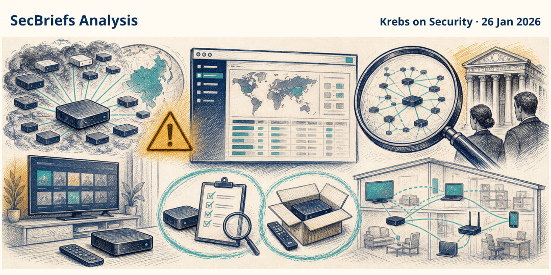 SecBriefs Analysis illustration for “Kimwolf Operators May Have Exposed Who Runs Badbox 2.0”; source Krebs on Security, 26 Jan 2026.