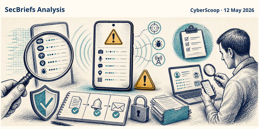 SecBriefs Analysis illustration for “Android intrusion logging could help expose commercial spyware attacks”; source CyberScoop, 12 May 2026.