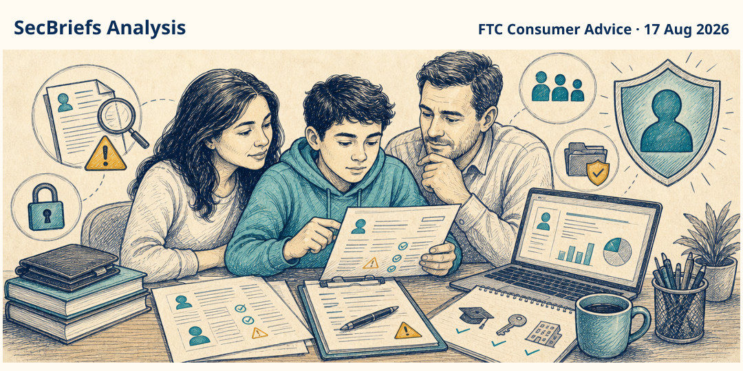 SecBriefs Analysis illustration for “Teen credit checks can reveal identity theft before adulthood”; source FTC Consumer Advice, 17 Aug 2026.