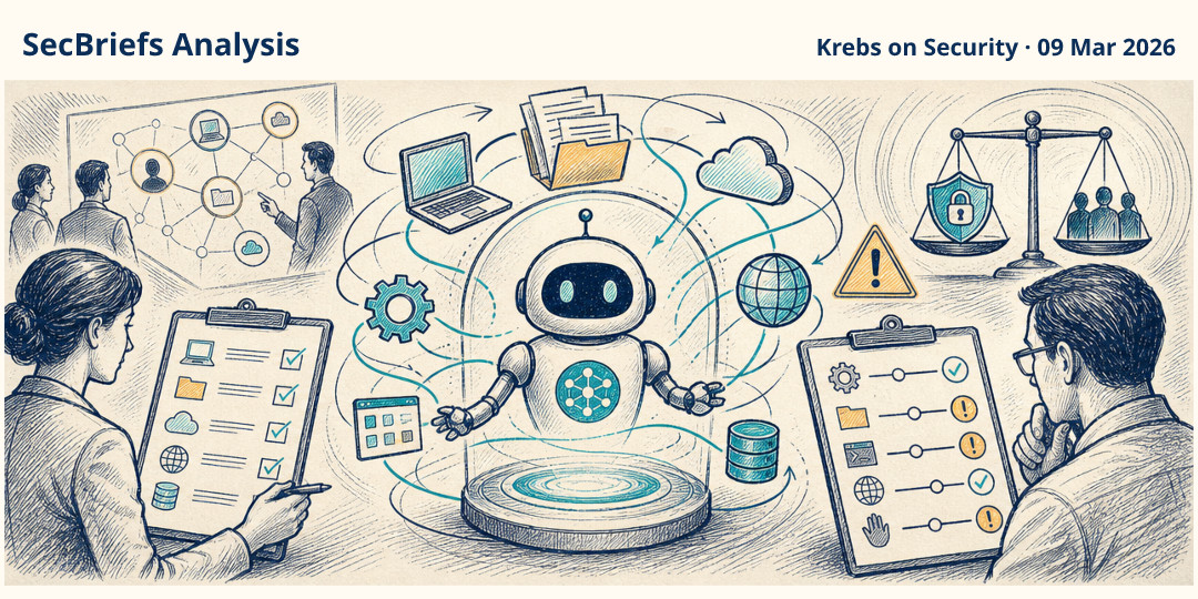 SecBriefs Analysis illustration for “AI assistants are changing how organizations define security risk”; source Krebs on Security, 09 Mar 2026.