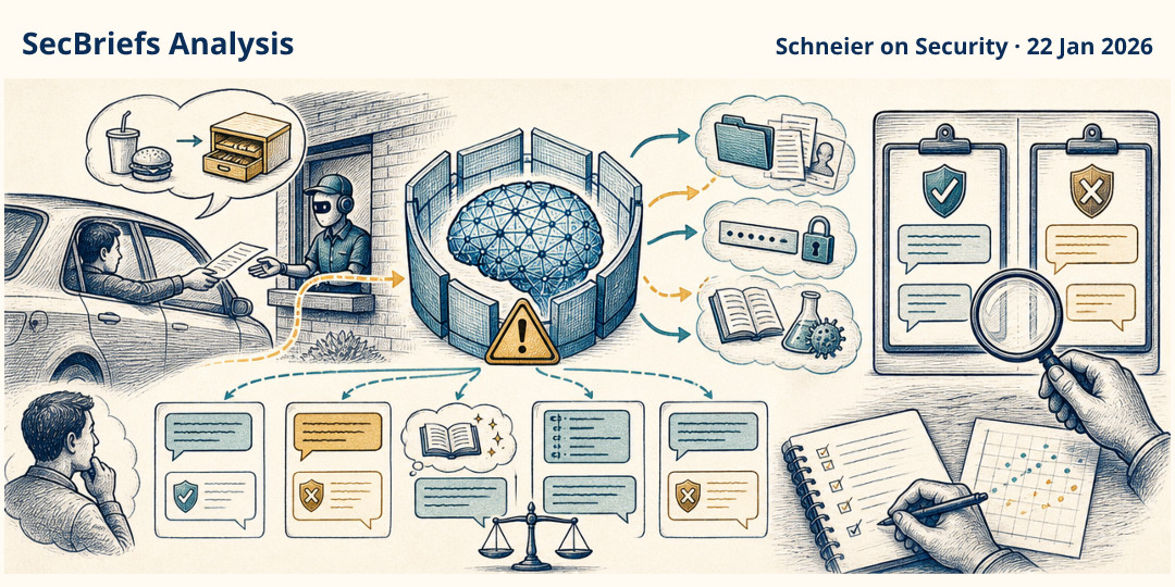 SecBriefs Analysis illustration for “Prompt Injection Can Make LLMs Ignore Safety Restrictions”; source Schneier on Security, 22 Jan 2026.