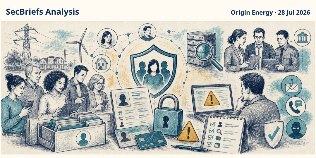 SecBriefs Analysis illustration for “Origin Energy says data linked to about 900,000 customers was accessed”; source Origin Energy, 28 Jul 2026.