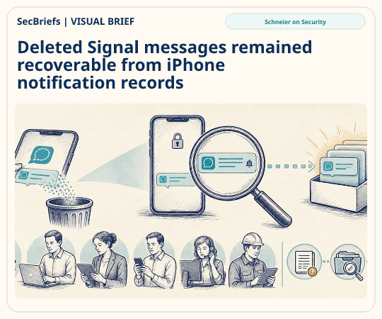 SecBriefs homepage illustration for “Deleted Signal messages remained recoverable from iPhone notification records”; source Schneier on Security.