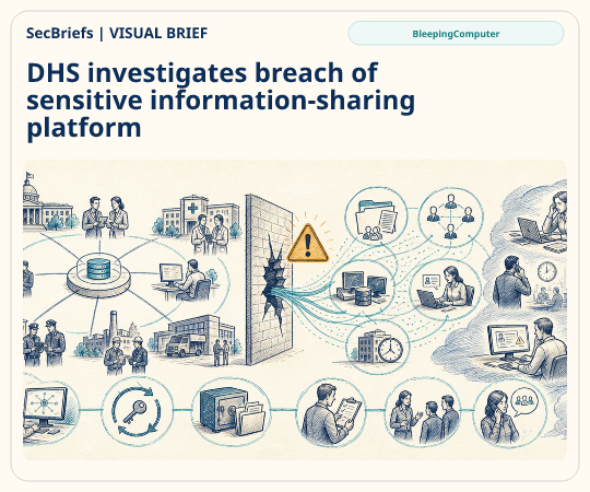 SecBriefs homepage illustration for “DHS investigates breach of sensitive information-sharing platform”; source BleepingComputer.