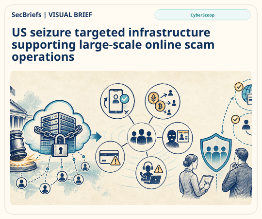 SecBriefs homepage illustration for “US seizure targeted infrastructure supporting large-scale online scam operations”; source CyberScoop.