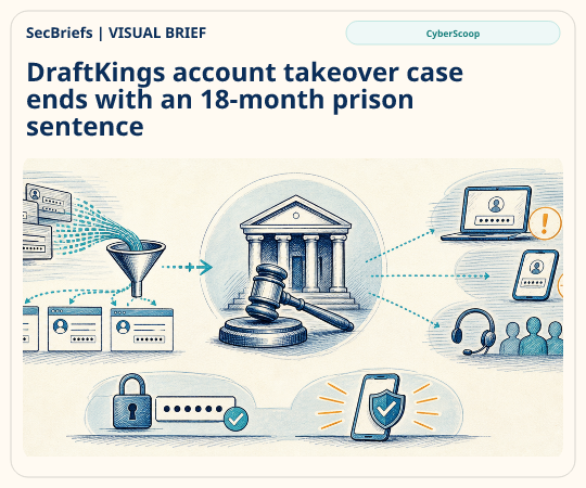SecBriefs homepage illustration for “DraftKings account takeover case ends with an 18-month prison sentence”; source CyberScoop.