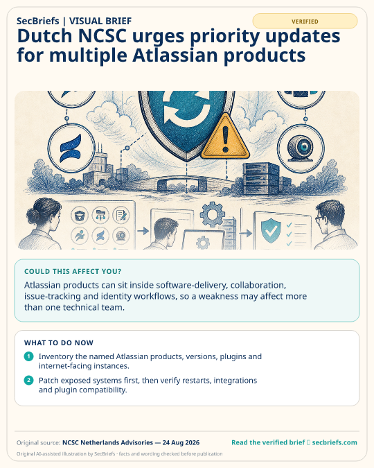 SecBriefs visual brief for “Dutch NCSC urges priority updates for multiple Atlassian products”; source NCSC Netherlands Advisories, 24 Aug 2026.