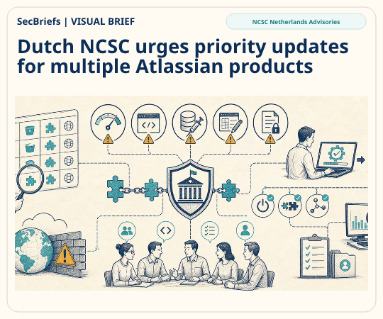 SecBriefs homepage illustration for “Dutch NCSC urges priority updates for multiple Atlassian products”; source NCSC Netherlands Advisories.