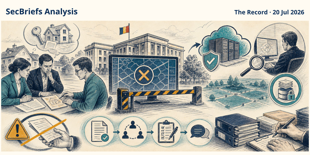SecBriefs Analysis illustration for “Romanian property transactions stalled after land-registry cyberattack”; source The Record, 20 Jul 2026.
