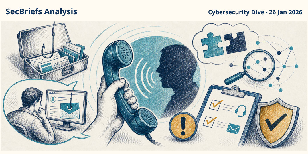 SecBriefs Analysis illustration for “Cybercrime group claims credit for voice-phishing attacks”; source Cybersecurity Dive, 26 Jan 2026.