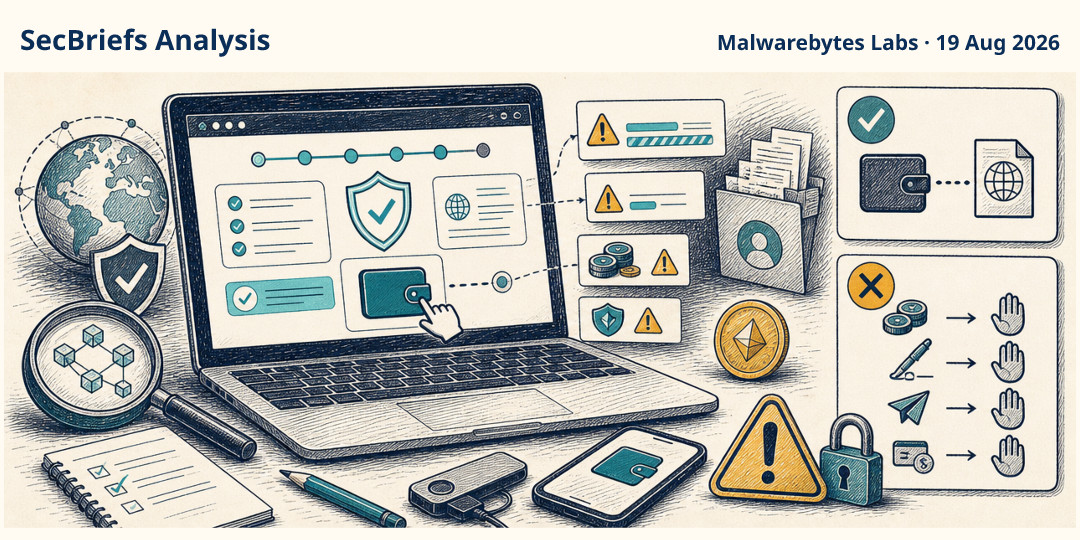 SecBriefs Analysis illustration for “Fake crypto screening sites turn security checks into wallet theft”; source Malwarebytes Labs, 19 Aug 2026.