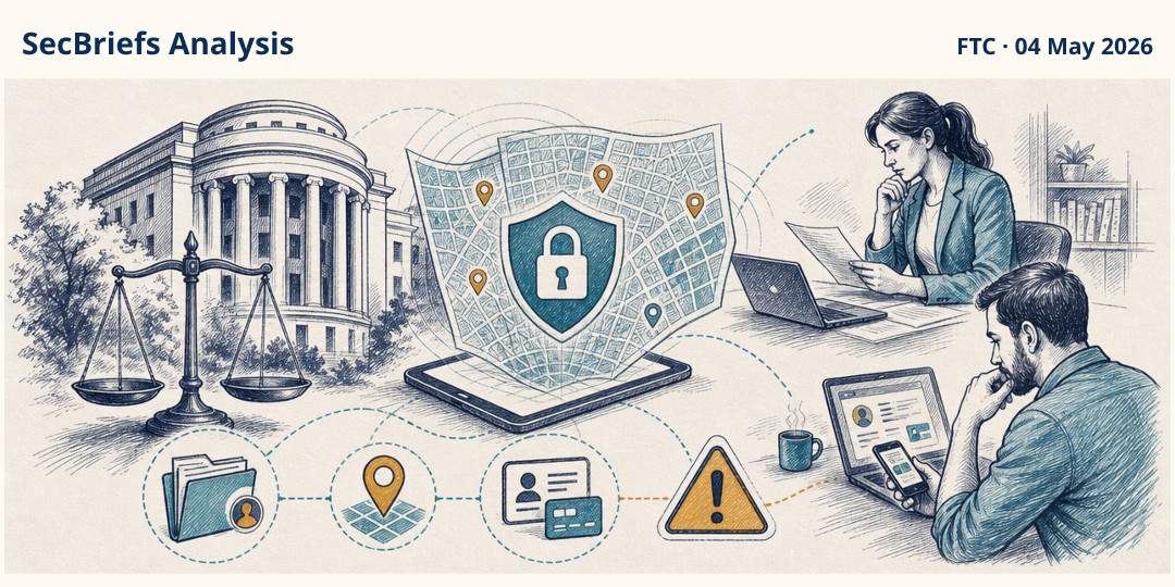 SecBriefs Analysis illustration for “FTC moves to restrict Kochava sales of sensitive location data”; source FTC, 04 May 2026.