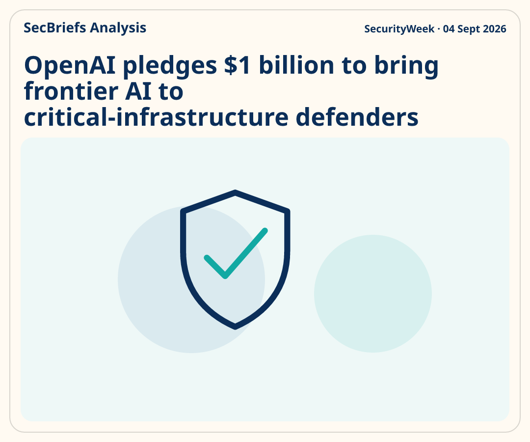 SecBriefs Analysis for “OpenAI pledges $1 billion to bring frontier AI to critical-infrastructure defenders”; source SecurityWeek, 04 Sept 2026.