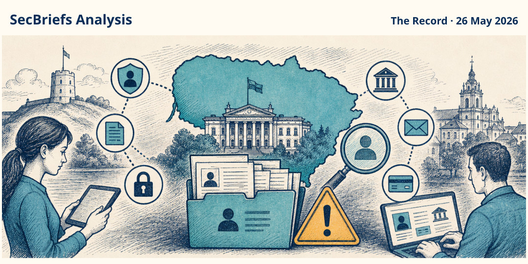 SecBriefs Analysis illustration for “Lithuania breach exposed 600,000 government registry records”; source The Record, 26 May 2026.