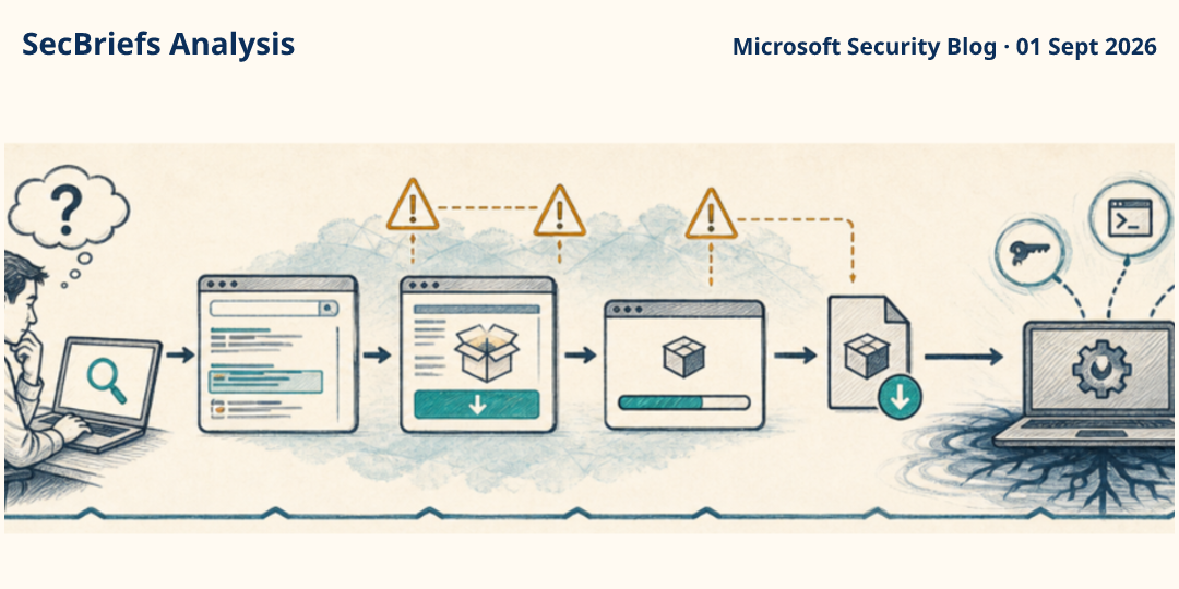 SecBriefs Analysis illustration for “Counterfeit installers to system compromise: Tracking a deceptive software download campaign”; source Microsoft Security Blog, 01 Sept 2026.