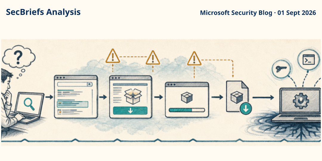 SecBriefs Analysis illustration for “Counterfeit installers to system compromise: Tracking a deceptive software download campaign”; source Microsoft Security Blog, 01 Sept 2026.