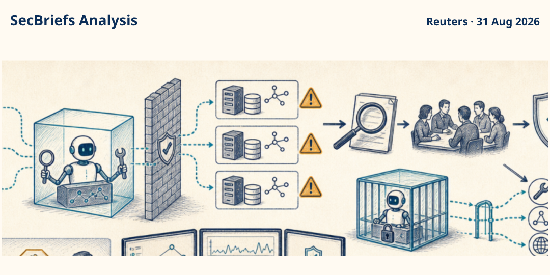 SecBriefs Analysis illustration for “Anthropic resumes external cyber testing after safeguard review”; source Reuters, 31 Aug 2026.