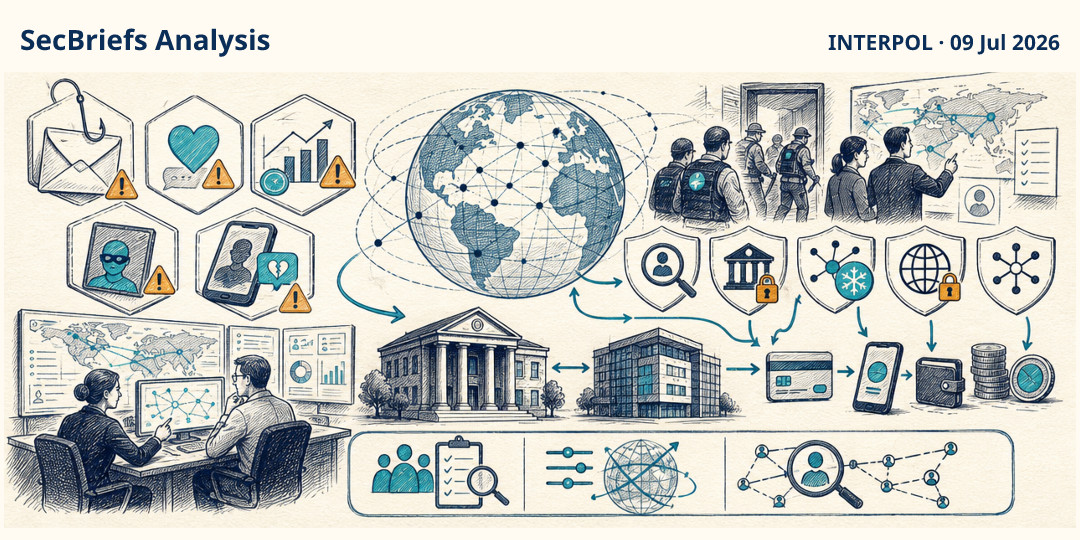 SecBriefs Analysis illustration for “INTERPOL says global fraud operation led to more than 5,800 arrests”; source INTERPOL, 09 Jul 2026.