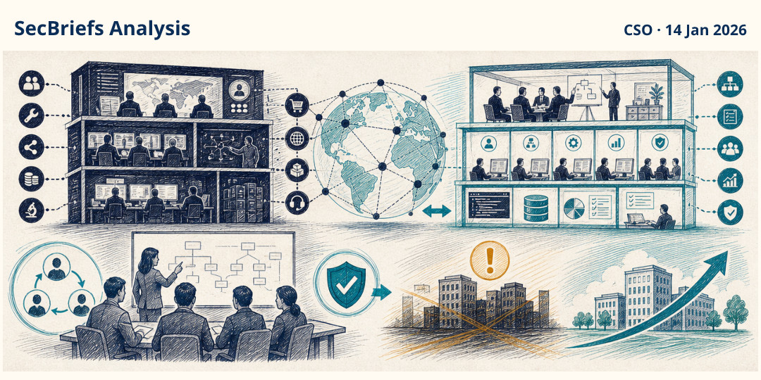 SecBriefs Analysis illustration for “Cybercrime groups are adopting corporate-style operations”; source CSO, 14 Jan 2026.