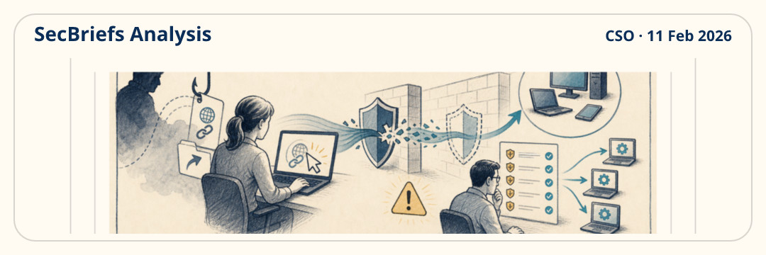 SecBriefs Analysis illustration for “Microsoft’s February 2026 Patch Tuesday includes six reported actively exploited vulnerabilities”; source CSO, 11 Feb 2026.