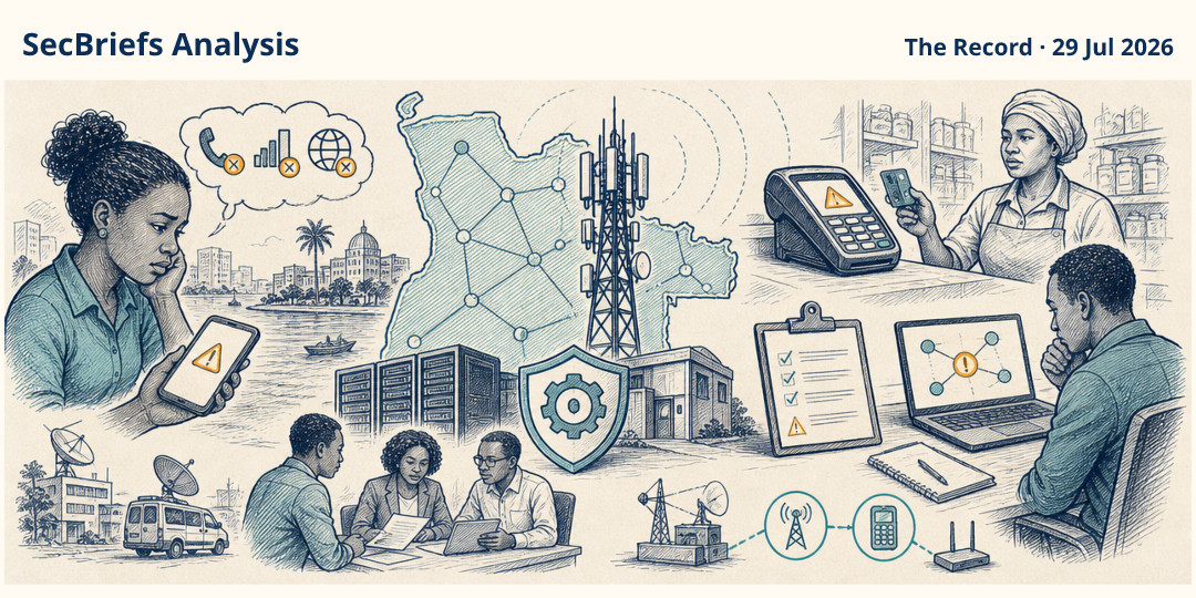 SecBriefs Analysis illustration for “Cyberattack disrupted mobile, internet and payment services across Angola”; source The Record, 29 Jul 2026.