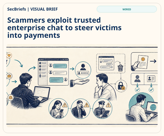 SecBriefs homepage illustration for “Scammers exploit trusted enterprise chat to steer victims into payments”; source WIRED.