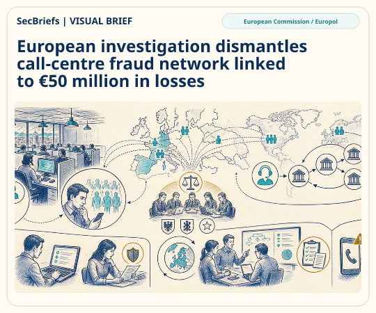 SecBriefs homepage illustration for “European investigation dismantles call-centre fraud network linked to €50 million in losses”; source European Commission / Europol.