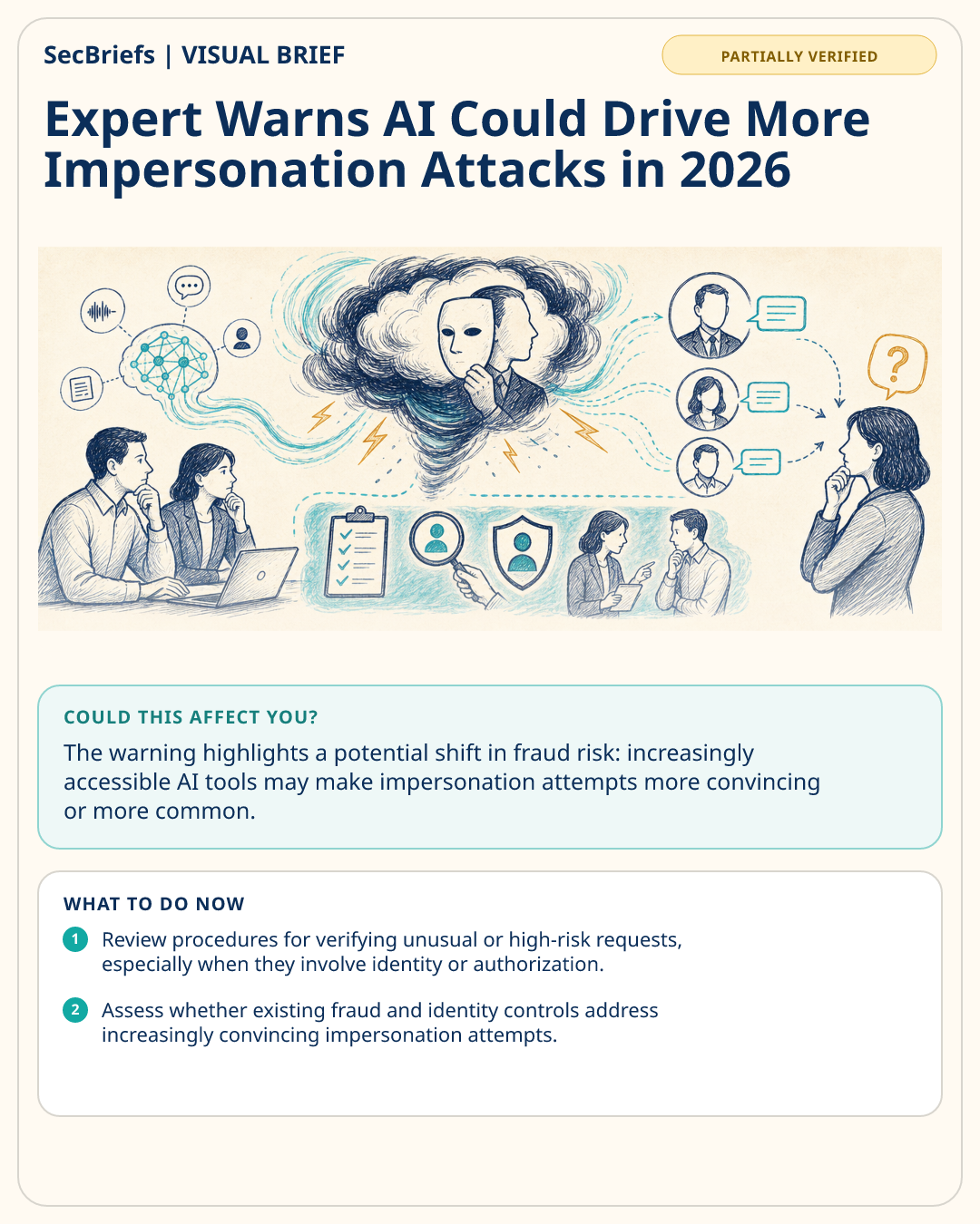 SecBriefs visual brief for Expert Warns AI Could Drive More Impersonation Attacks in 2026
