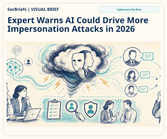 SecBriefs homepage illustration for “Expert Warns AI Could Drive More Impersonation Attacks in 2026”; source Cybersecurity Dive.