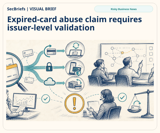 SecBriefs homepage illustration for “Expired-card abuse claim requires issuer-level validation”; source Risky Business News.