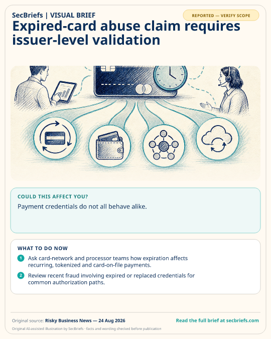 SecBriefs visual brief for “Expired-card abuse claim requires issuer-level validation”; source Risky Business News, 24 Aug 2026.