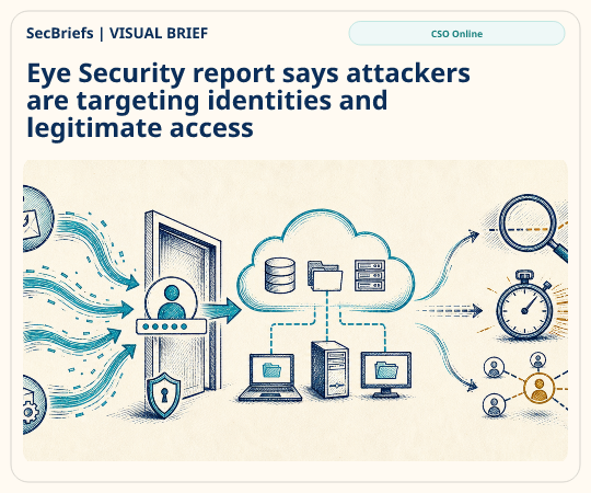 SecBriefs homepage illustration for “Eye Security report says attackers are targeting identities and legitimate access”; source CSO Online.