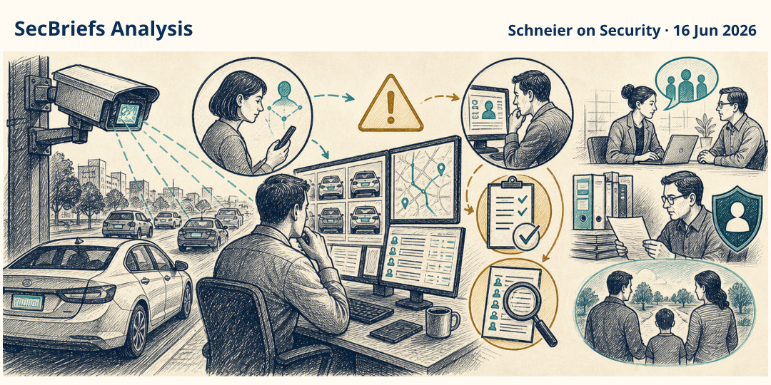 SecBriefs Analysis illustration for “License-plate camera access is reportedly being misused for stalking”; source Schneier on Security, 16 Jun 2026.