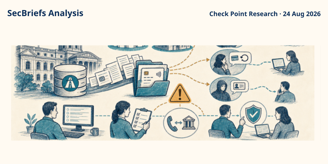 SecBriefs Analysis illustration for “Latvia’s CSDD confirms breach affecting payment records”; source Check Point Research, 24 Aug 2026.