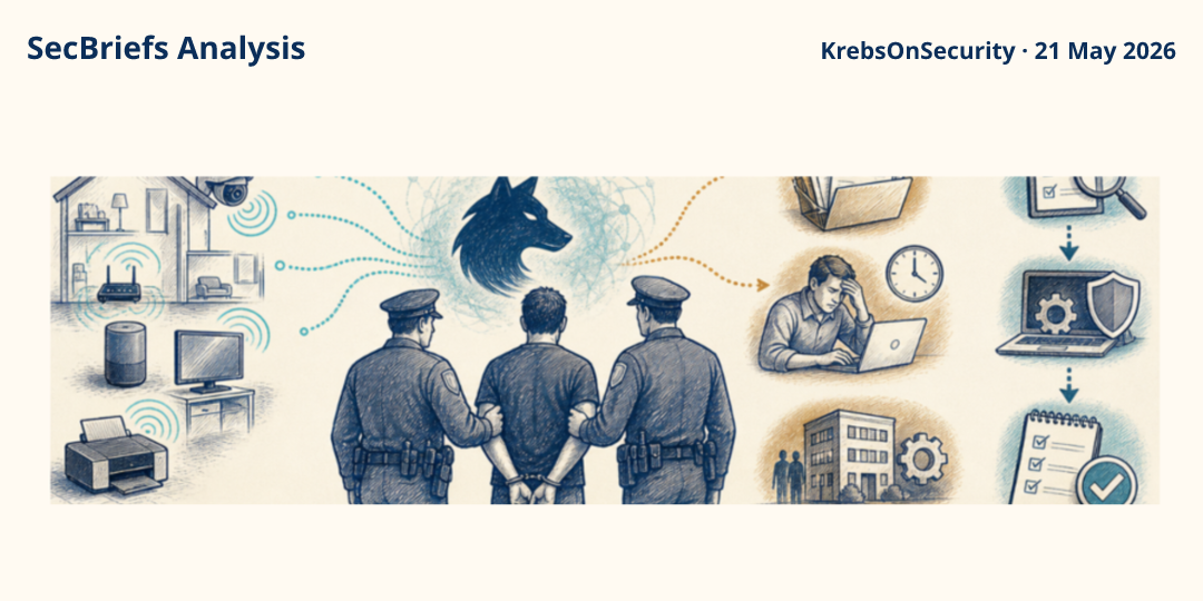SecBriefs Analysis illustration for “Kimwolf botnet administrator arrested after hijacking home devices”; source KrebsOnSecurity, 21 May 2026.