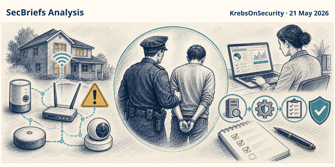 SecBriefs Analysis illustration for “Kimwolf botnet administrator arrested after hijacking home devices”; source KrebsOnSecurity, 21 May 2026.