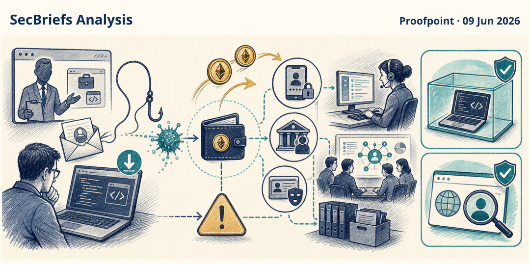 SecBriefs Analysis illustration for “Fake coding assignments targeted developers to steal cryptocurrency”; source Proofpoint, 09 Jun 2026.