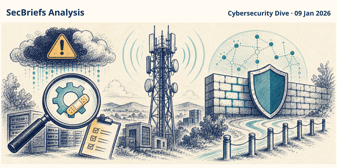 SecBriefs Analysis illustration for “Report points to rising telecom ransomware and weak defenses”; source Cybersecurity Dive, 09 Jan 2026.
