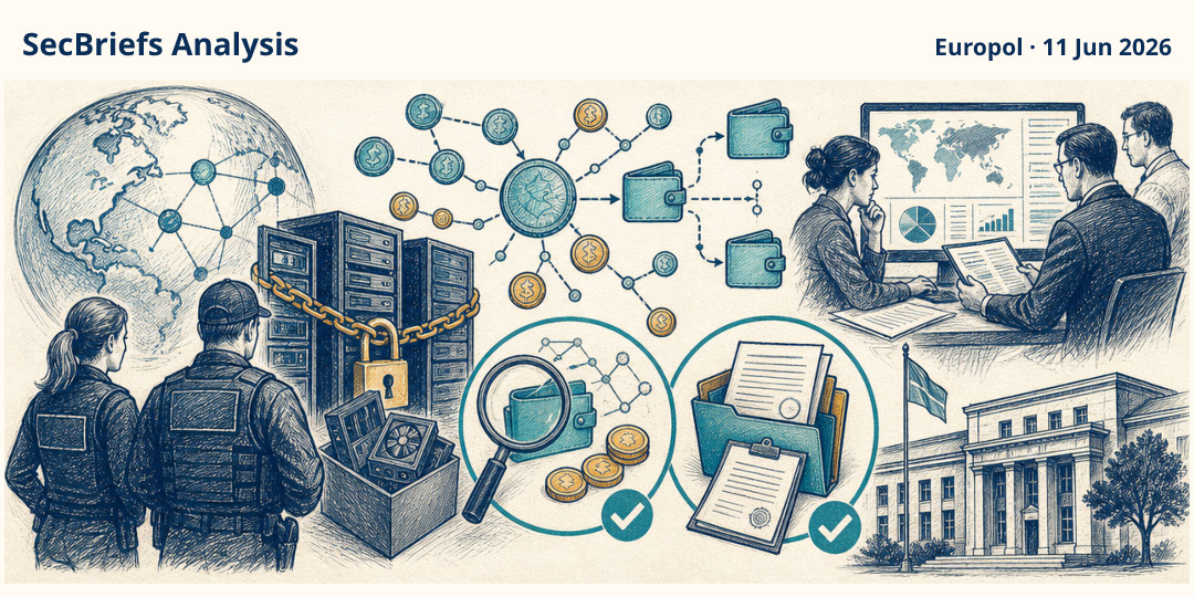 SecBriefs Analysis illustration for “Authorities dismantled cryptocurrency pipeline that laundered €336 million for ransomware”; source Europol, 11 Jun 2026.