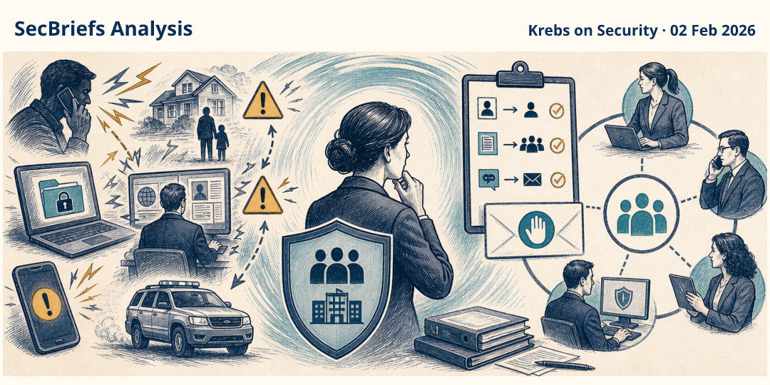 SecBriefs Analysis illustration for “Krebs reports SLSH uses harassment alongside data extortion”; source Krebs on Security, 02 Feb 2026.