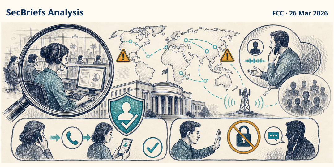 SecBriefs Analysis illustration for “FCC proposal targets call-center data access and overseas robocall scams”; source FCC, 26 Mar 2026.