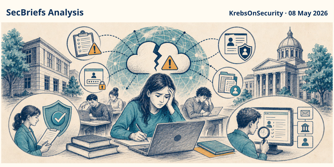 SecBriefs Analysis illustration for “Canvas breach disrupted exams across schools and universities”; source KrebsOnSecurity, 08 May 2026.