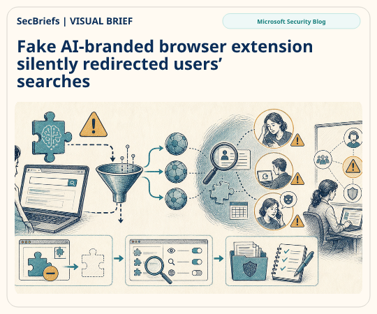 SecBriefs homepage illustration for “Fake AI-branded browser extension silently redirected users’ searches”; source Microsoft Security Blog.