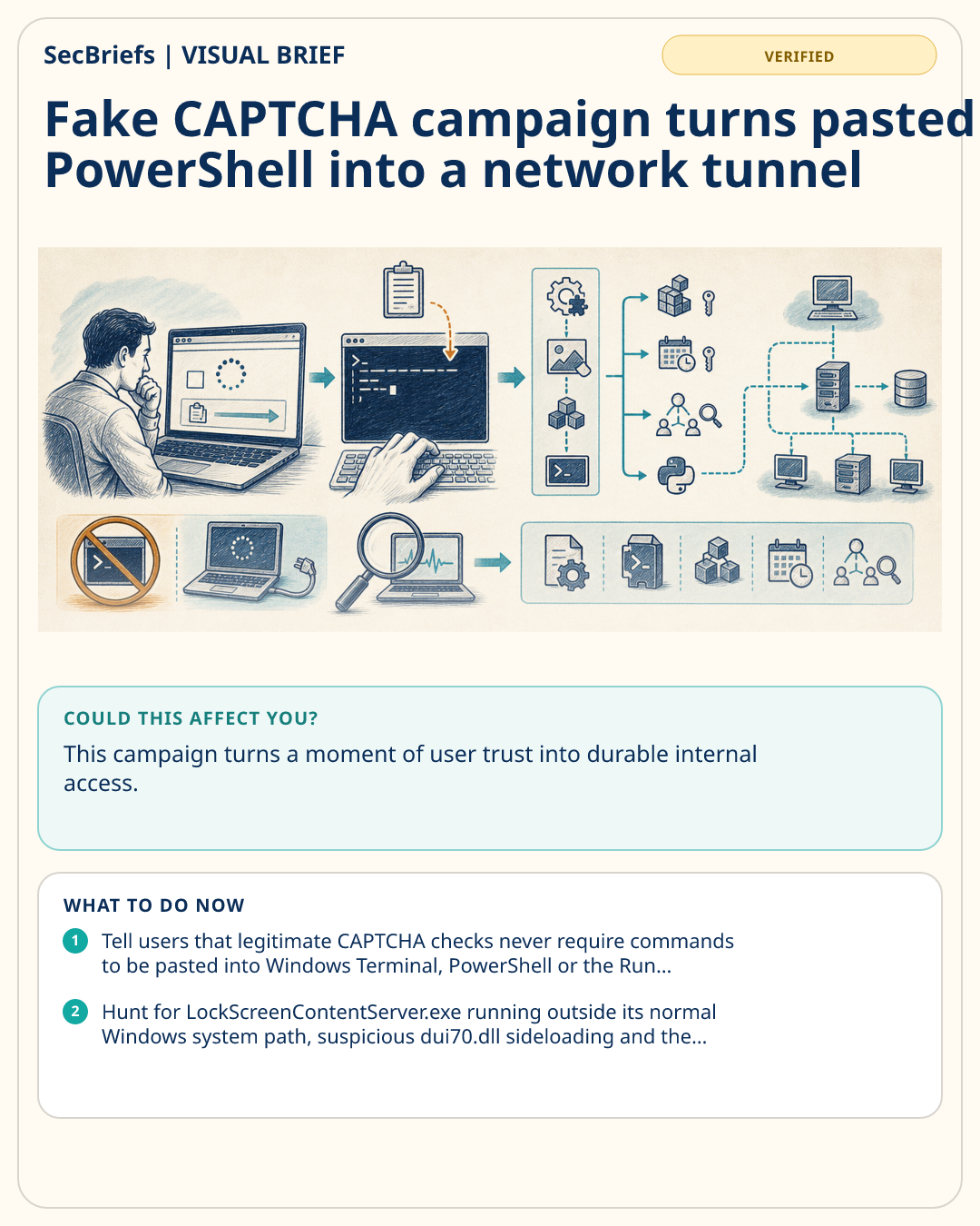 SecBriefs visual brief for Fake CAPTCHA campaign turns pasted PowerShell into a network tunnel
